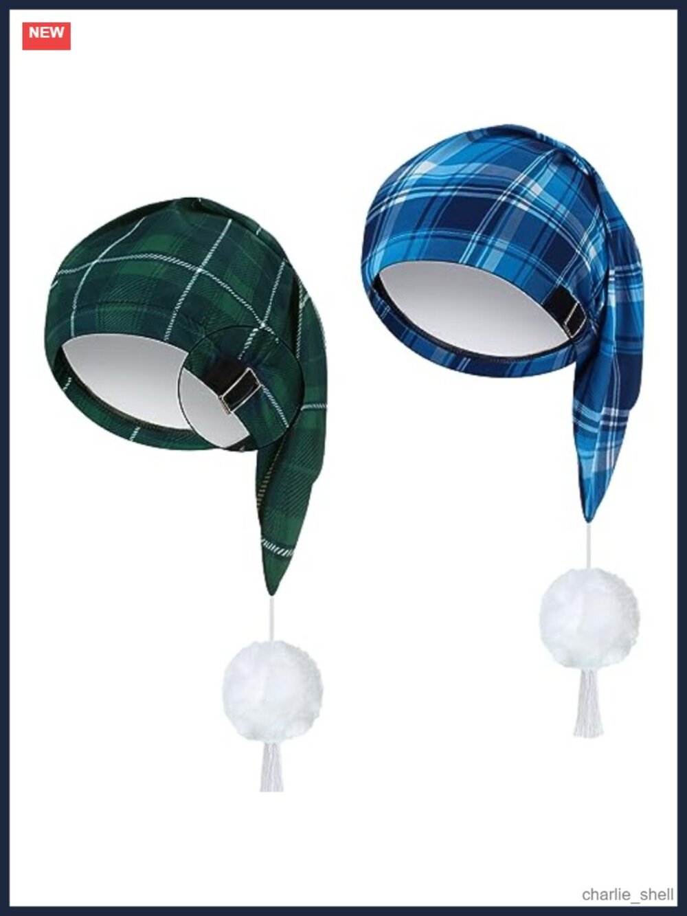 2Pc Men's Milk Fiber Buffalo Plaid Sleeping Cap Set Pom Pom Tassel